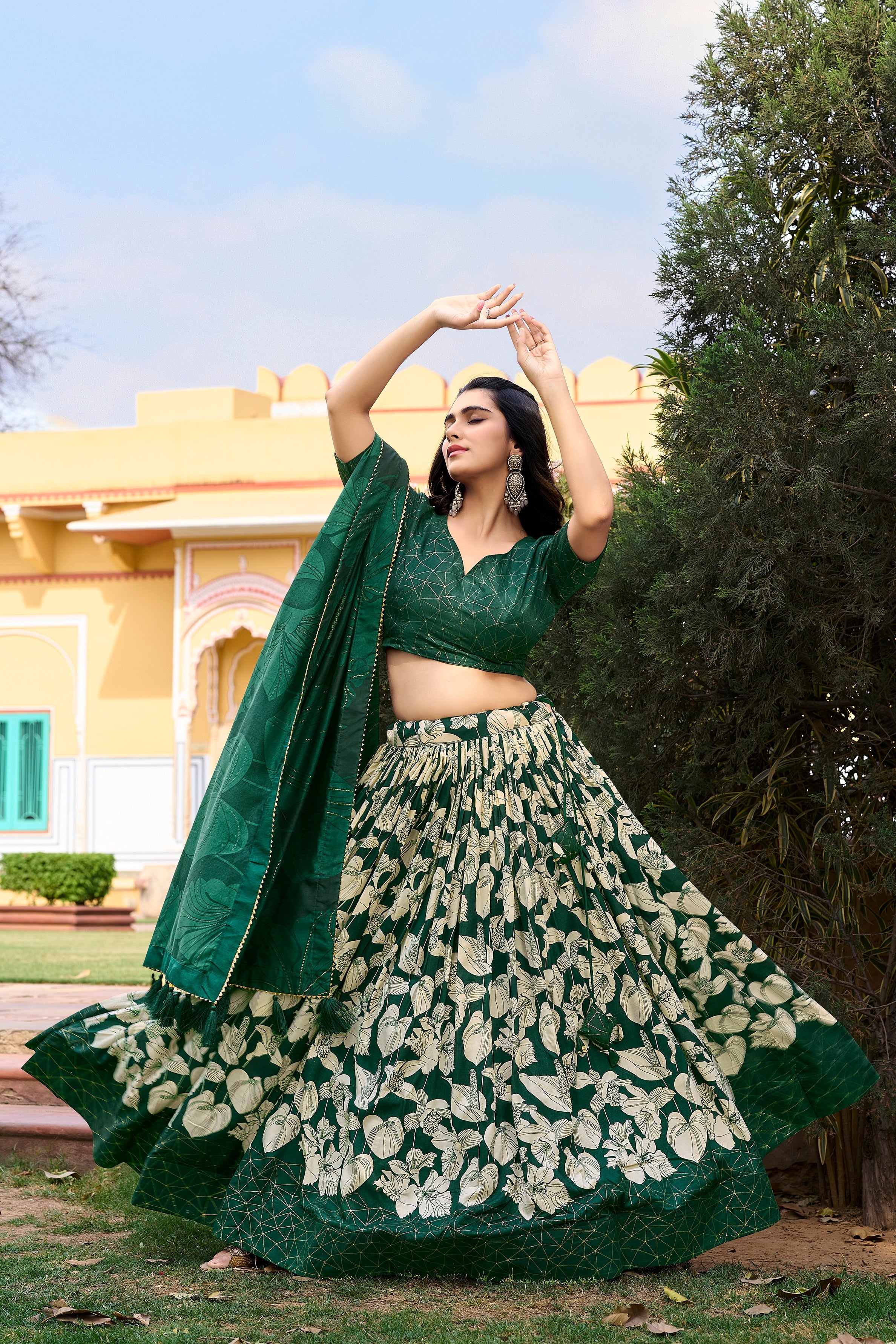 Lorenvalley Green Tussar Silk Floral Printed with Foil Printed Lehenga Choli