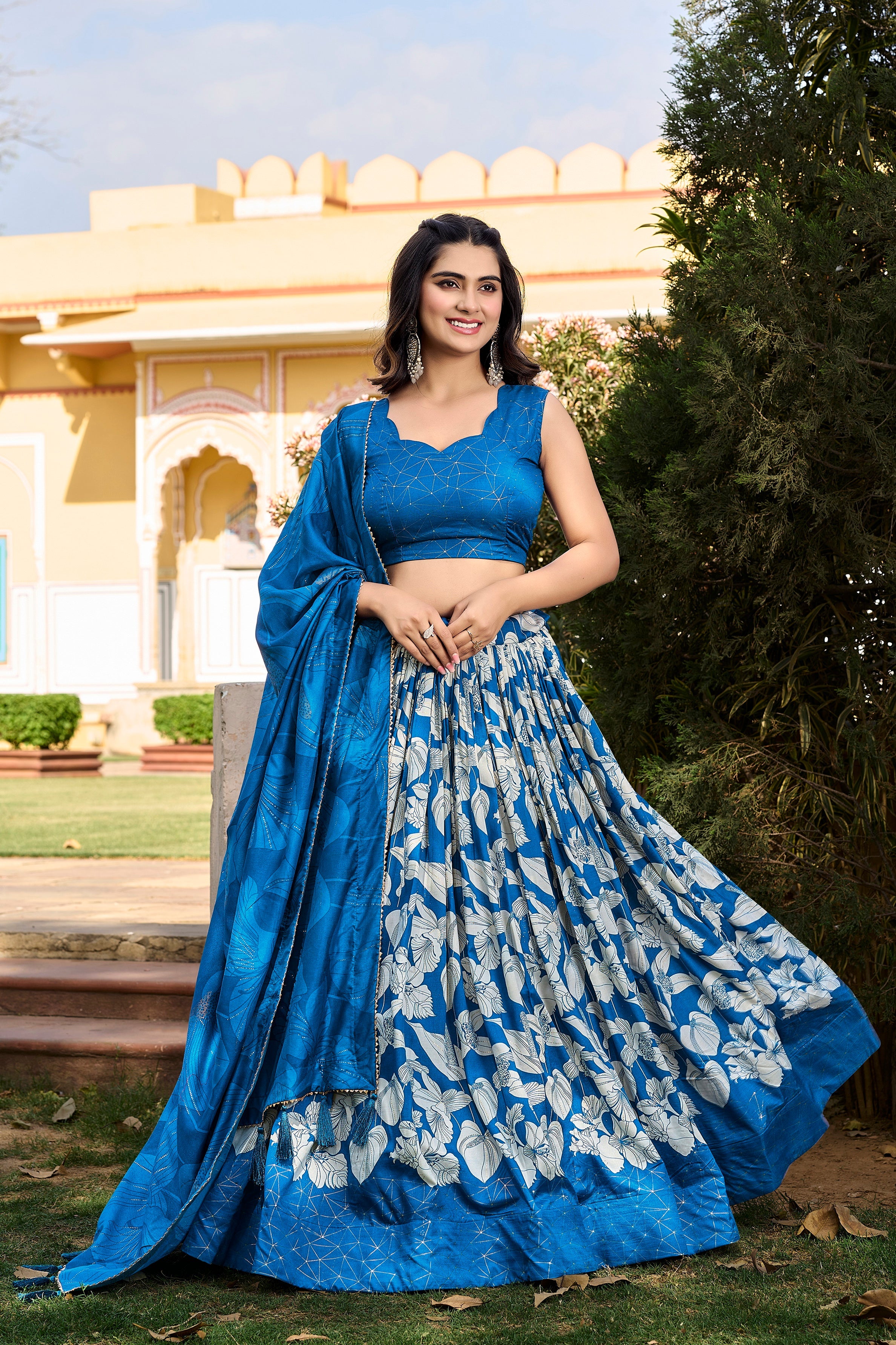 Lorenvalley Blue Tussar Silk Floral Printed with Foil Printed Lehenga Choli