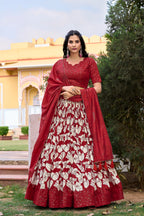 Lorenvalley Red Tussar Silk Floral Printed with Foil Printed Lehenga Choli