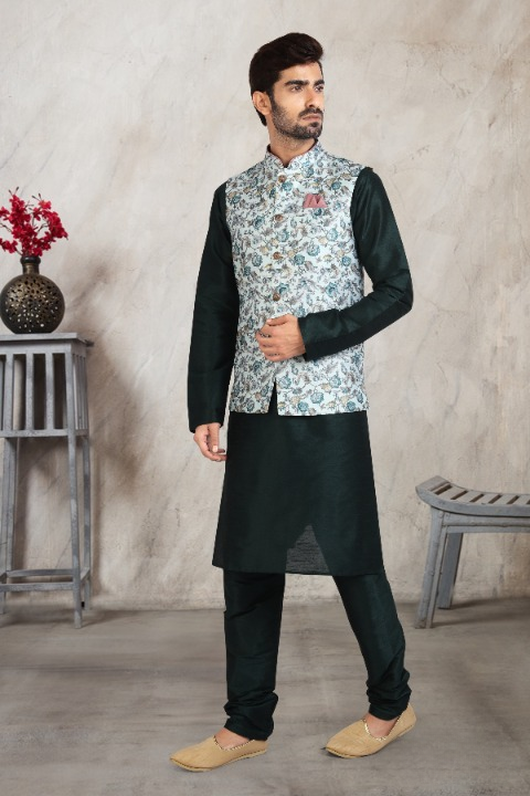 Raivat Ethnic Art Banarasi Silk Printed Work 3 Pics Jacket Set In Pista Green Colour