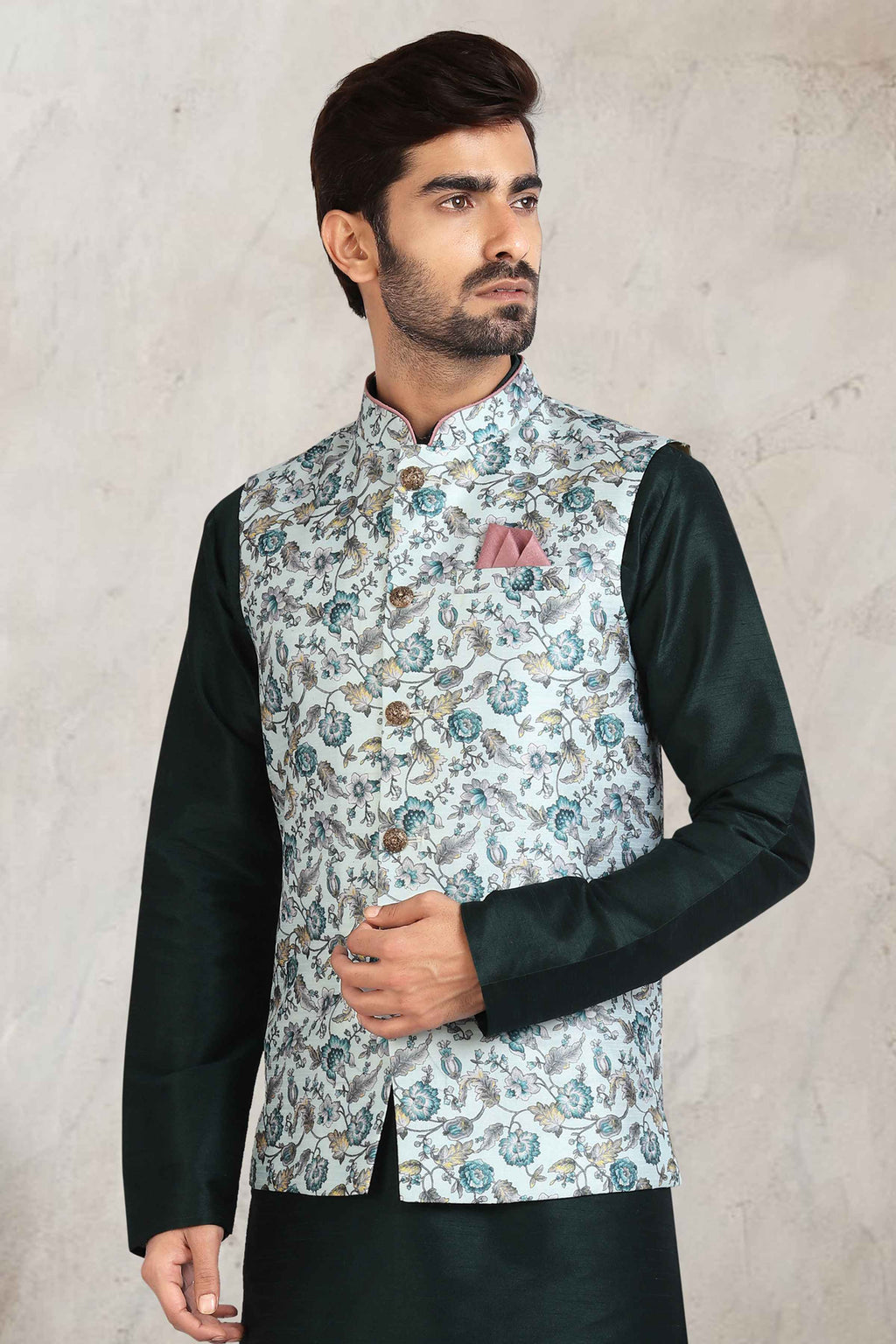 Raivat Ethnic Art Banarasi Silk Printed Work 3 Pics Jacket Set In Pista Green Colour