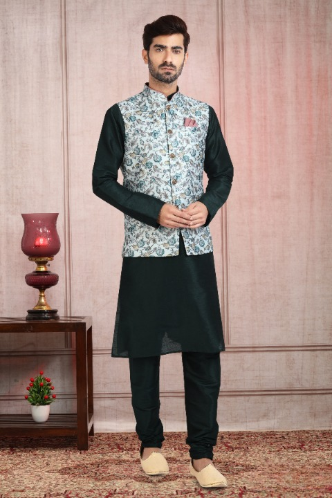 Raivat Ethnic Art Banarasi Silk Printed Work 3 Pics Jacket Set In Pista Green Colour