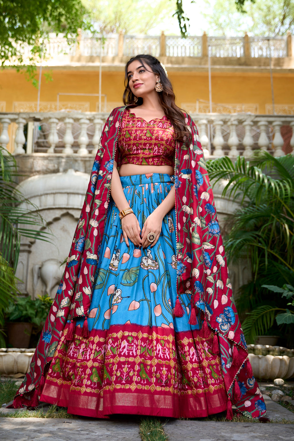 Lorenvalley Firozi Tussar Silk Pichwai With Patola Print And Zari Weaving Border Lehenga Choli with Dupatta
