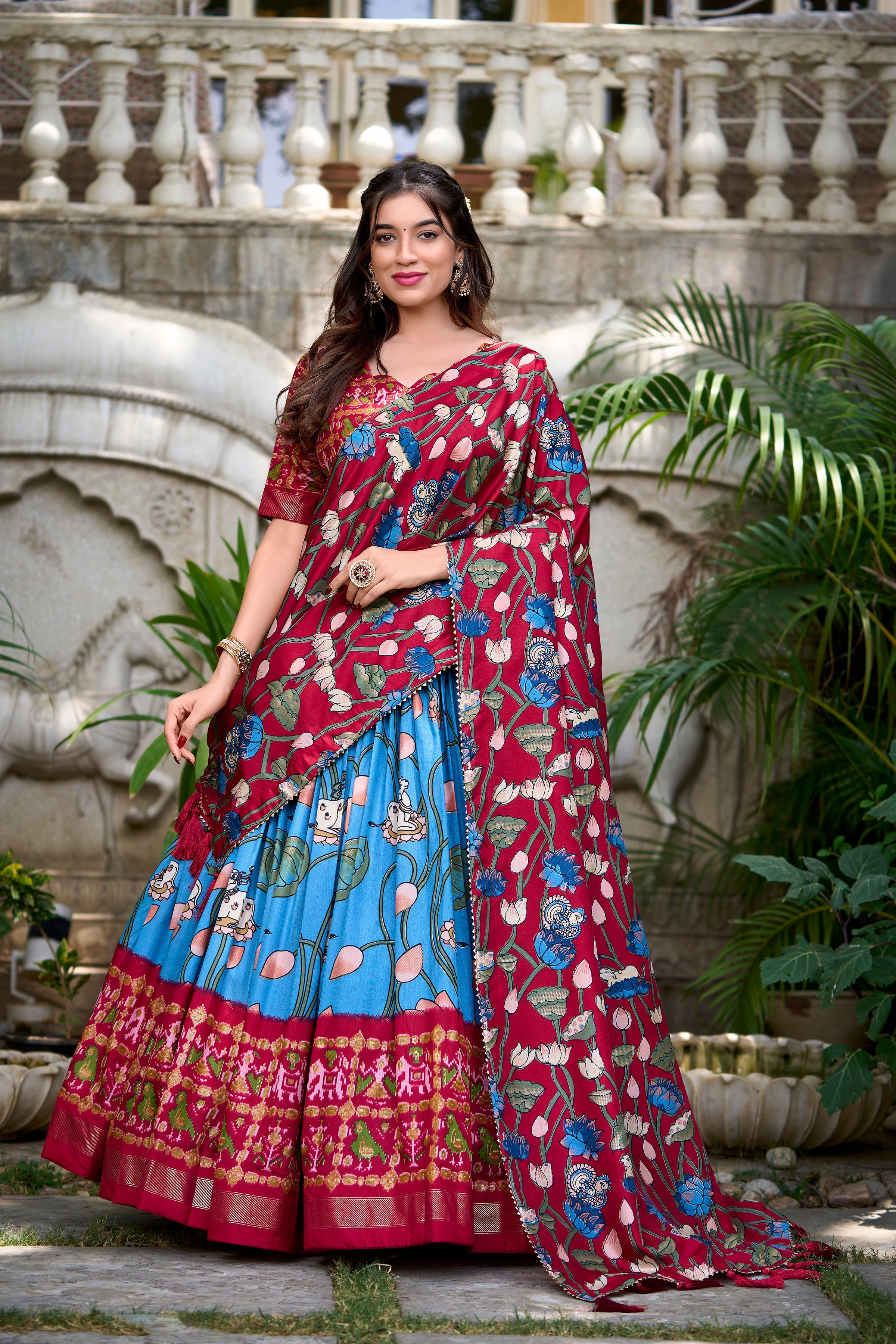 Lorenvalley Firozi Tussar Silk Pichwai With Patola Print And Zari Weaving Border Lehenga Choli with Dupatta
