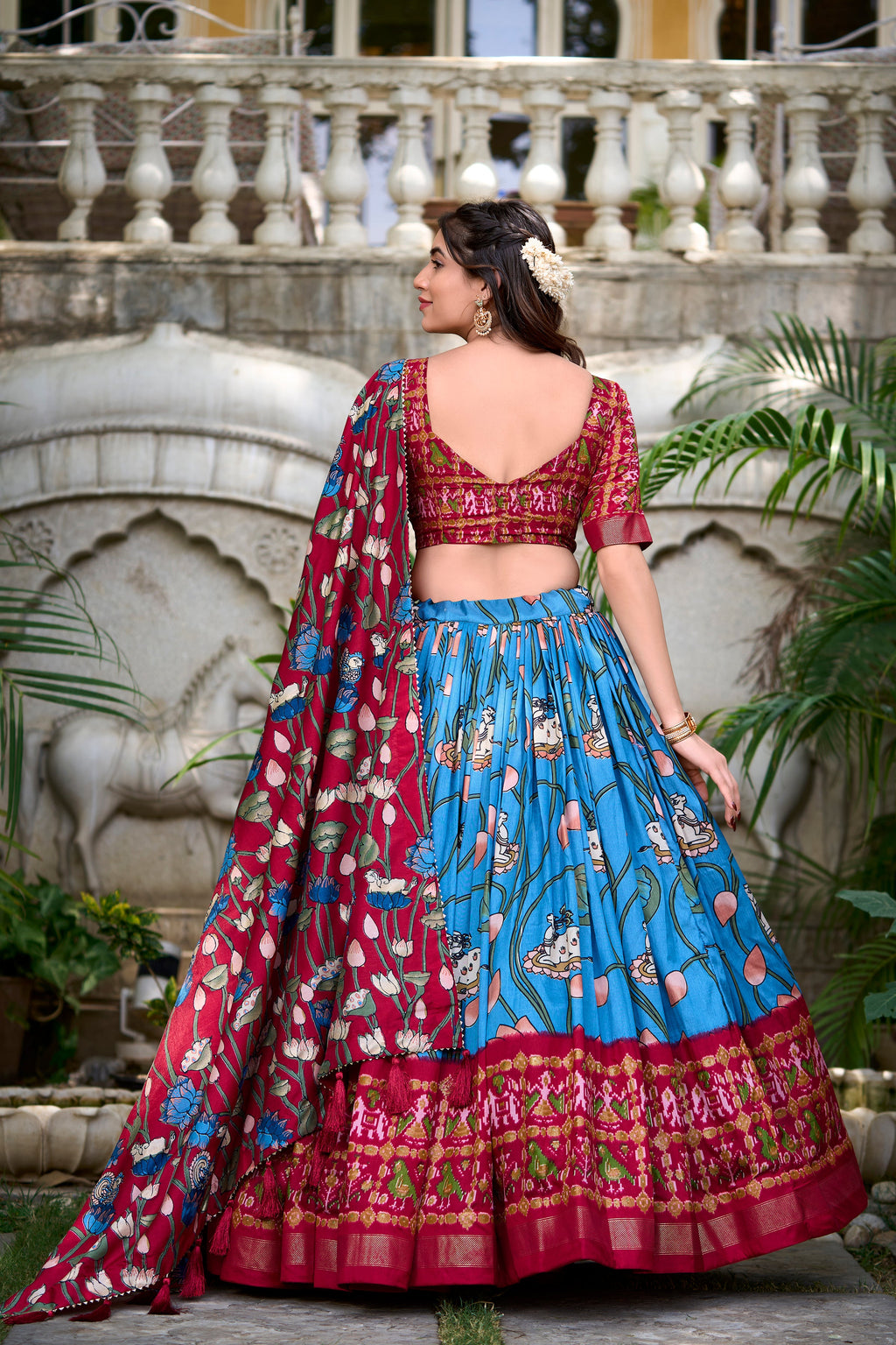 Lorenvalley Firozi Tussar Silk Pichwai With Patola Print And Zari Weaving Border Lehenga Choli with Dupatta