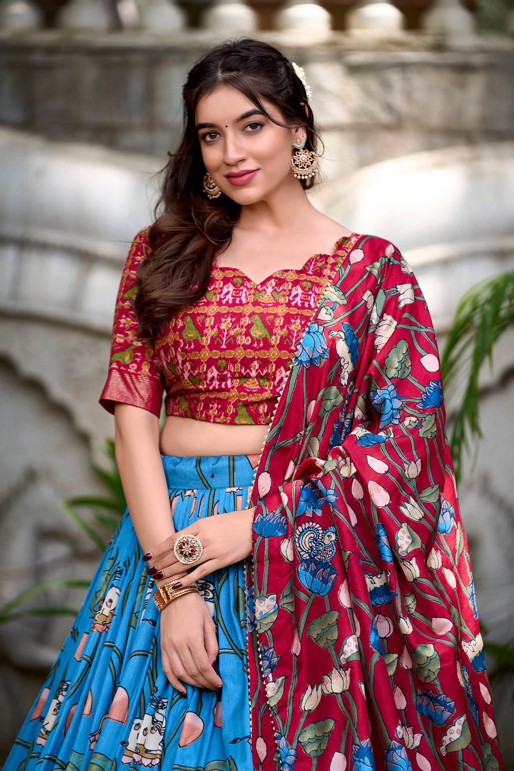 Lorenvalley Firozi Tussar Silk Pichwai With Patola Print And Zari Weaving Border Lehenga Choli with Dupatta