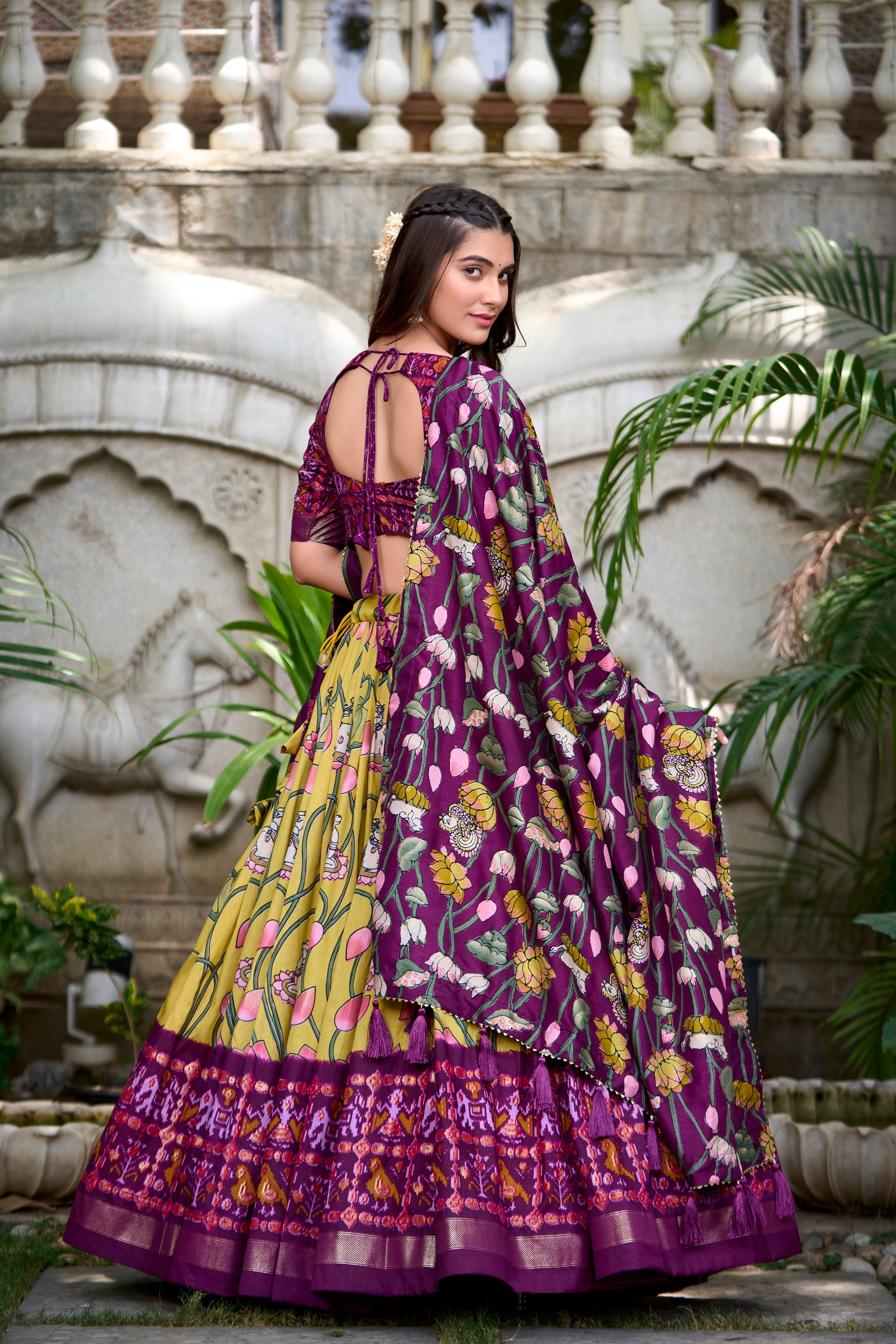 Lorenvalley Yellow Tussar Silk Pichwai With Patola Print And Zari Weaving Border Lehenga Choli with Dupatta