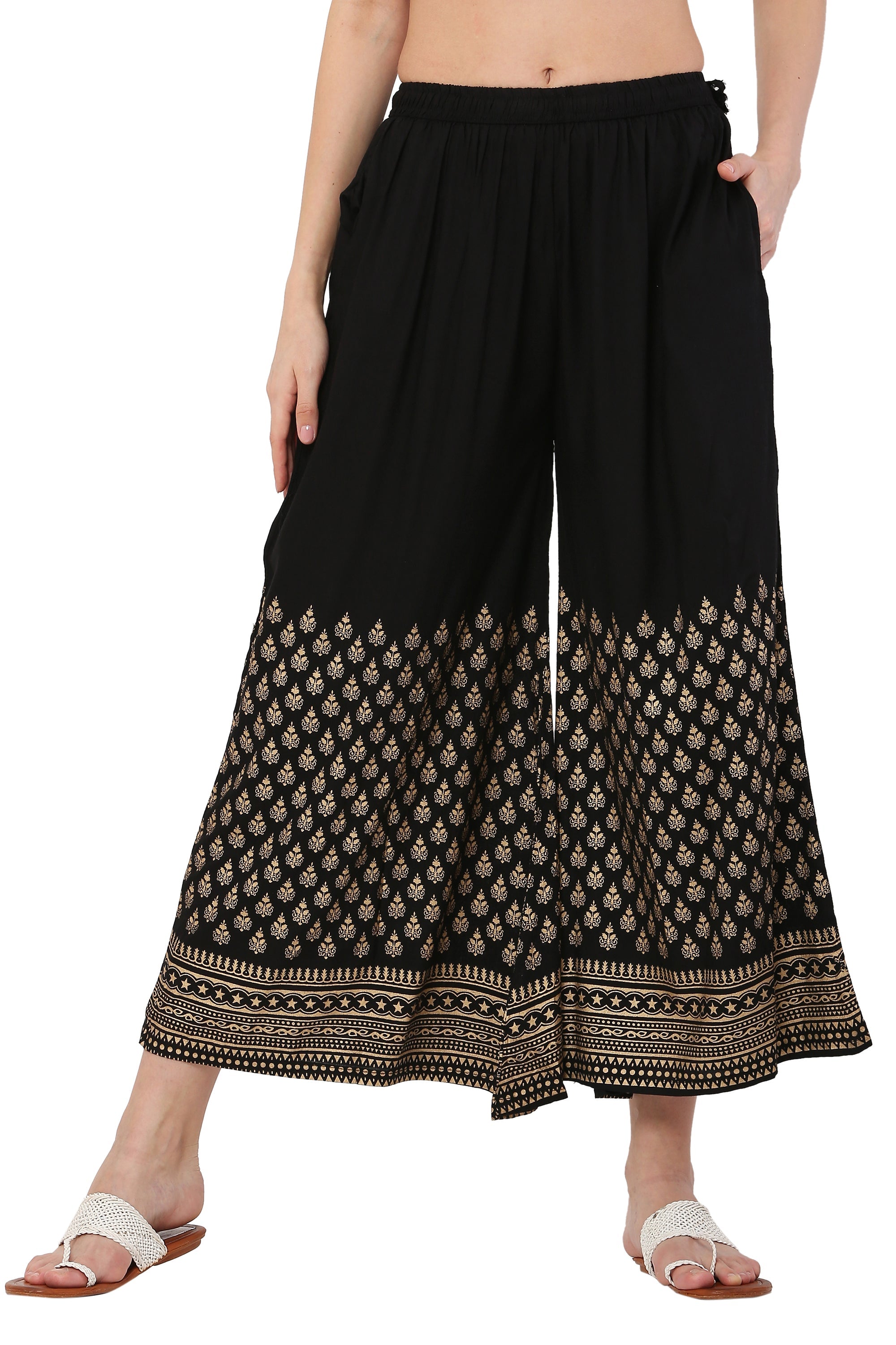 PAVONINE Black Color Minar Half Golden Print Sharara For Women - Distacart