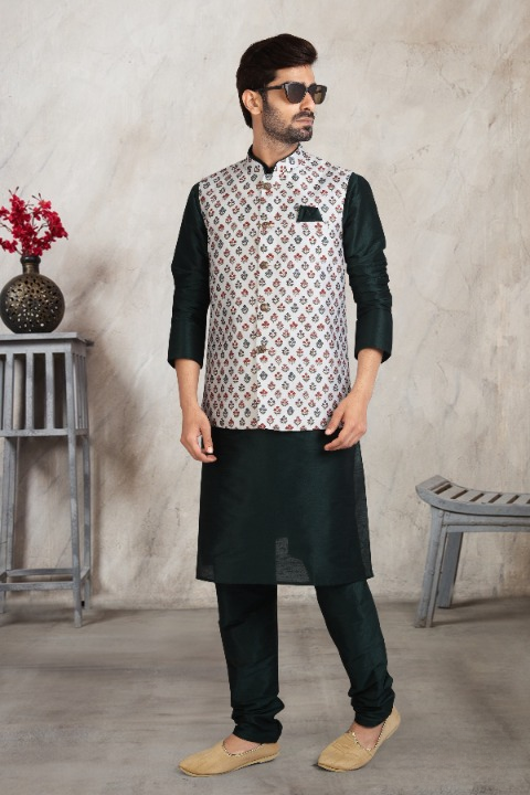 Raivat Ethnic Art Banarasi Silk Printed Work 3 Pics Jacket Set In Off White Colour