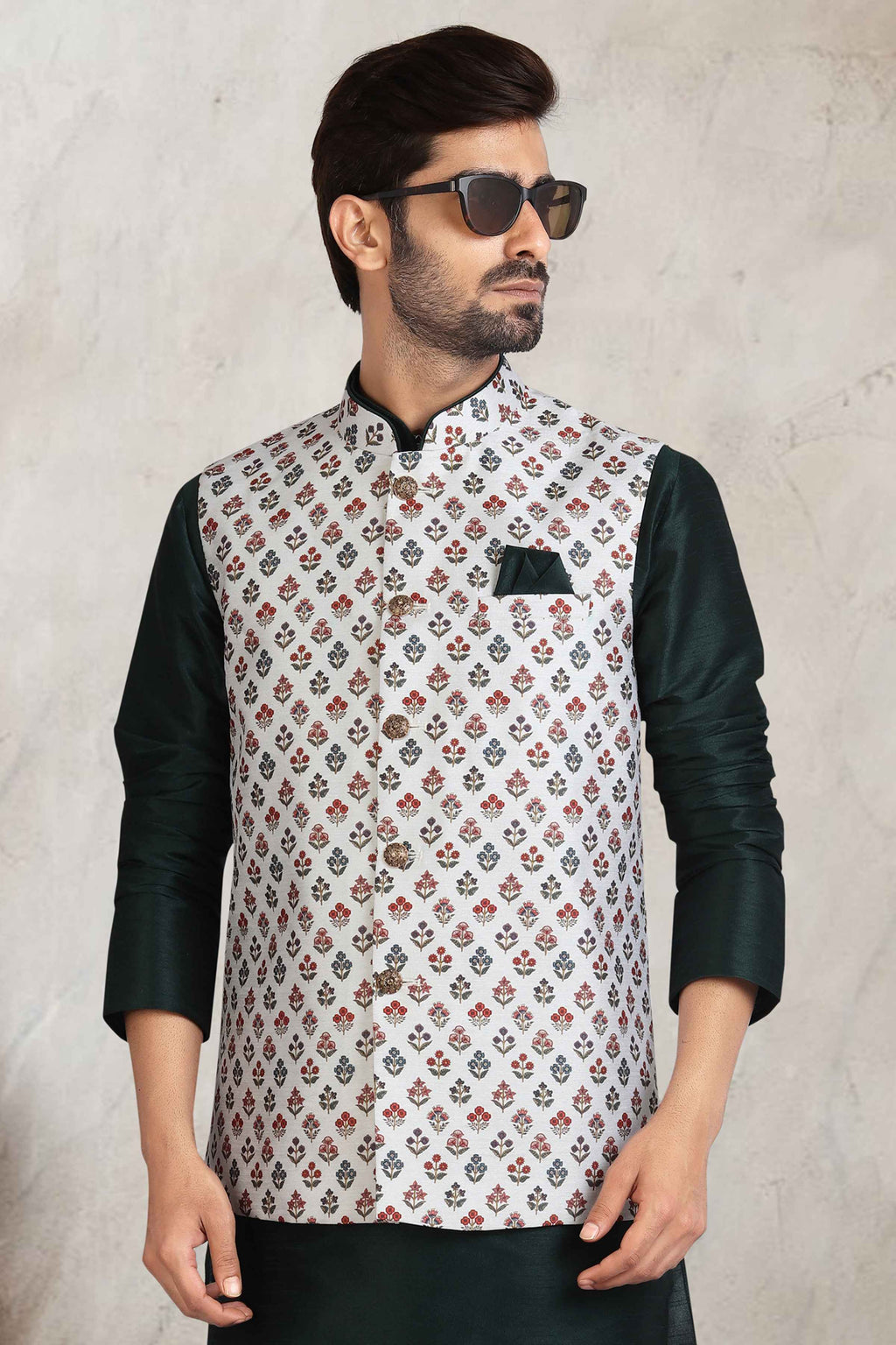 Raivat Ethnic Art Banarasi Silk Printed Work 3 Pics Jacket Set In Off White Colour