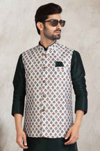 Raivat Ethnic Art Banarasi Silk Printed Work 3 Pics Jacket Set In Off White Colour