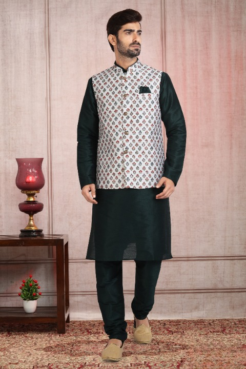 Raivat Ethnic Art Banarasi Silk Printed Work 3 Pics Jacket Set In Off White Colour