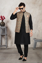 Raivat Ethnic Art Banarasi Silk Printed Work 3 Pics Jacket Set In Beige Colour