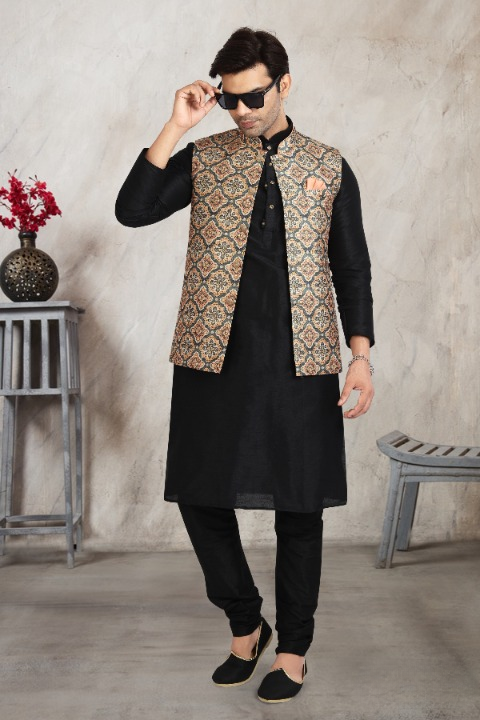 Raivat Ethnic Art Banarasi Silk Printed Work 3 Pics Jacket Set In Beige Colour