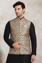 Raivat Ethnic Art Banarasi Silk Printed Work 3 Pics Jacket Set In Beige Colour