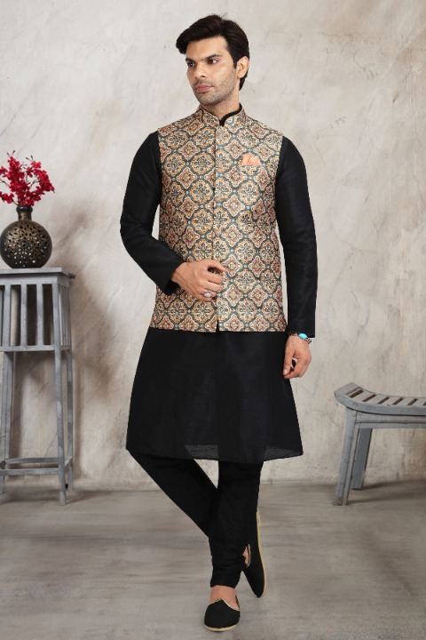 Raivat Ethnic Art Banarasi Silk Printed Work 3 Pics Jacket Set In Beige Colour