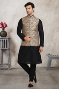 Raivat Ethnic Art Banarasi Silk Printed Work 3 Pics Jacket Set In Beige Colour
