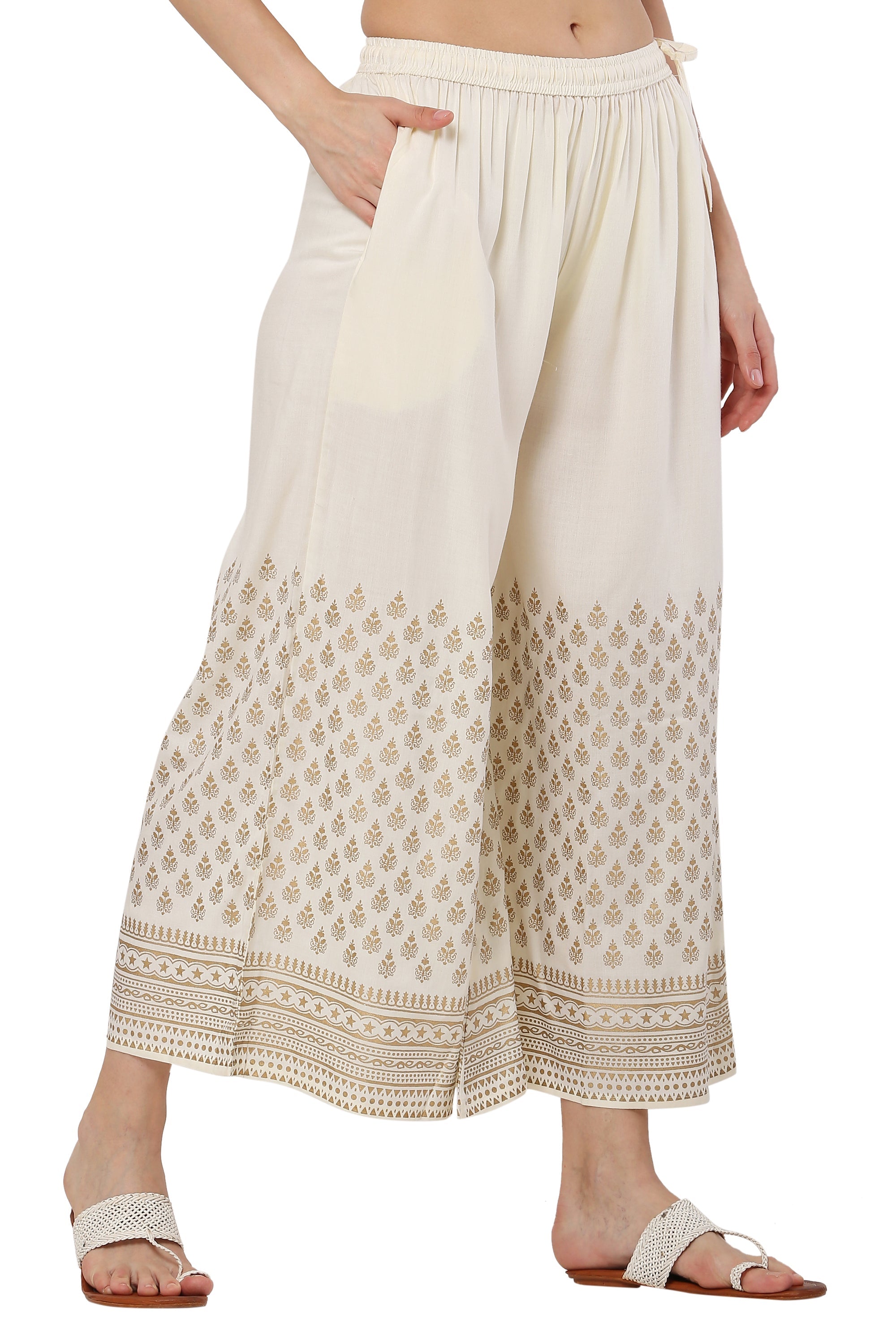 PAVONINE Off-White Color Minar Half Golden Print Sharara For Women - Distacart