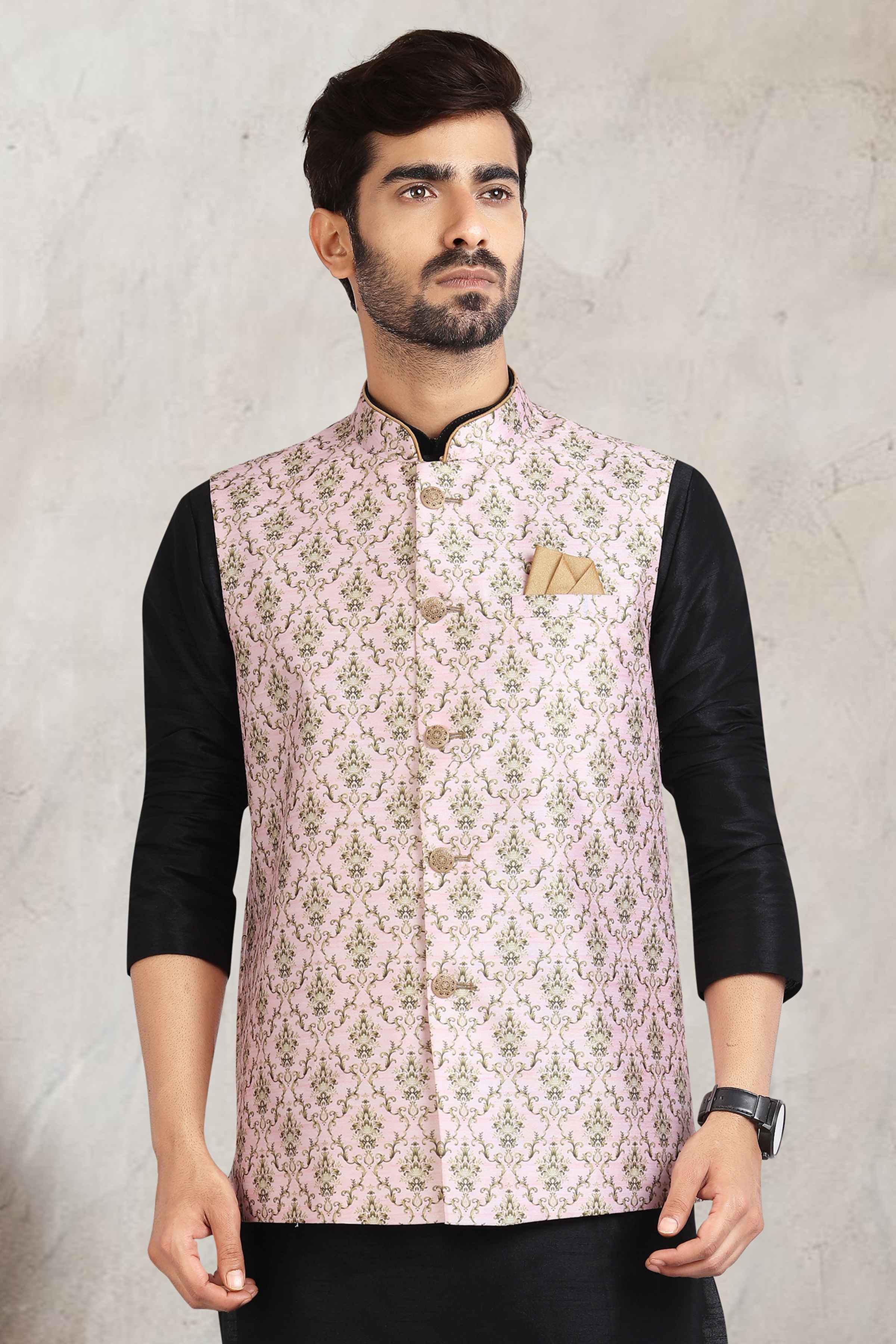 Raivat Ethnic Art Banarasi Silk Printed Work 3 Pics Jacket Set In Light Pink Colour