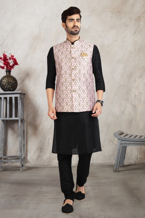 Raivat Ethnic Art Banarasi Silk Printed Work 3 Pics Jacket Set In Light Pink Colour