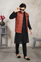 Raivat Ethnic Art Banarasi Silk Printed Work 3 Pics Jacket Set In Red Colour