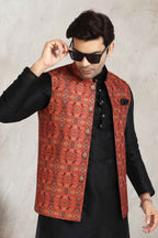 Raivat Ethnic Art Banarasi Silk Printed Work 3 Pics Jacket Set In Red Colour
