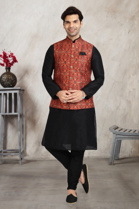 Raivat Ethnic Art Banarasi Silk Printed Work 3 Pics Jacket Set In Red Colour