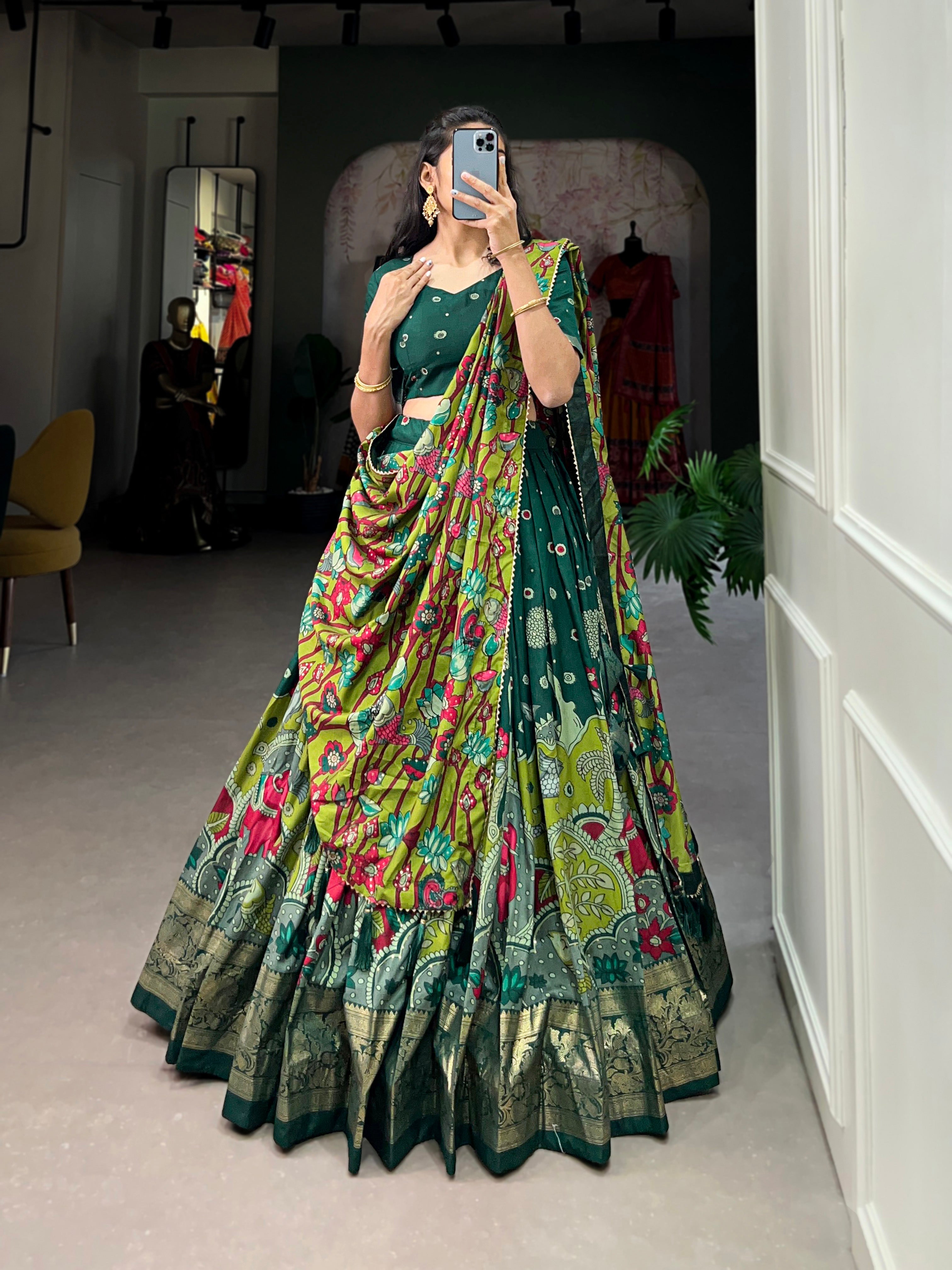 Lorenvalley Green Tussar Silk Kalamkari Print with Foil Work Border Lehenga Choli with Dupatta