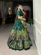 Lorenvalley Green Tussar Silk Kalamkari Print with Foil Work Border Lehenga Choli with Dupatta