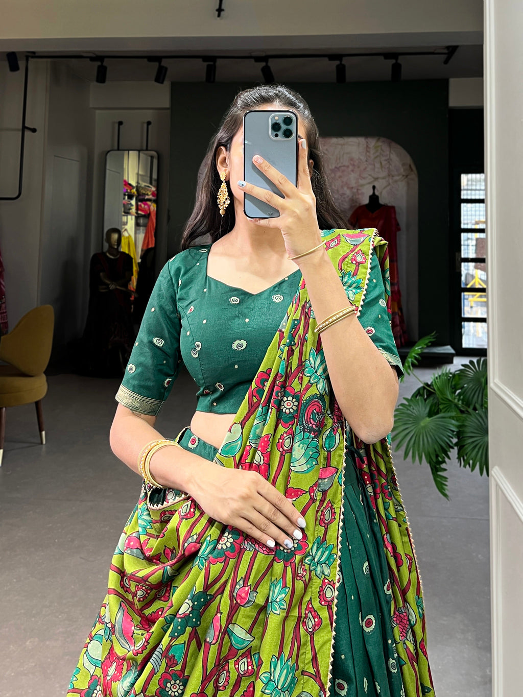 Lorenvalley Green Tussar Silk Kalamkari Print with Foil Work Border Lehenga Choli with Dupatta