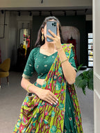 Lorenvalley Green Tussar Silk Kalamkari Print with Foil Work Border Lehenga Choli with Dupatta