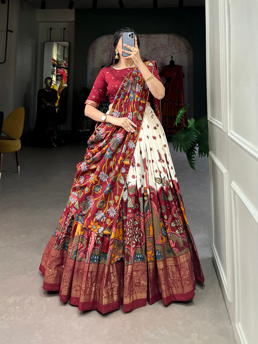 Lorenvalley Off White Tussar Silk Kalamkari Print with Foil Work Border Lehenga Choli with Dupatta