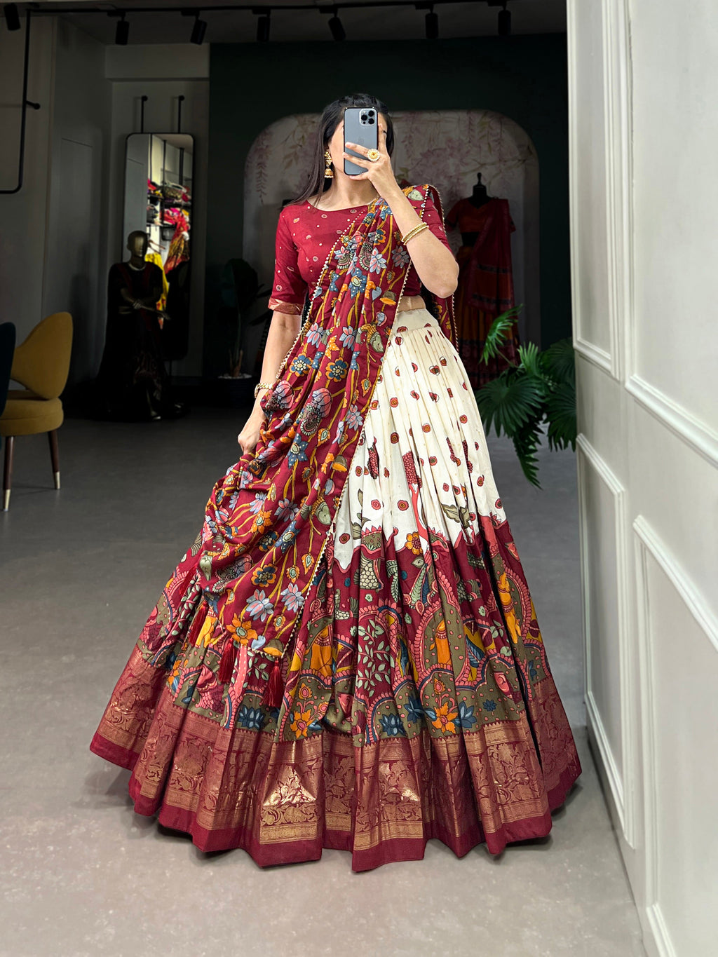 Lorenvalley Off White Tussar Silk Kalamkari Print with Foil Work Border Lehenga Choli with Dupatta