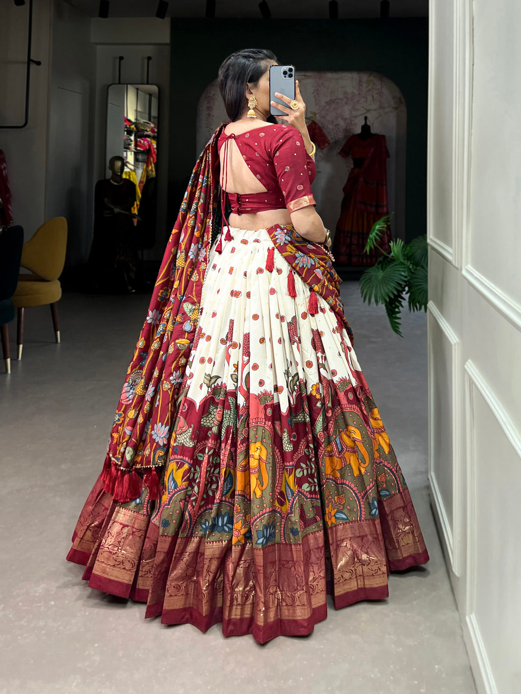 Lorenvalley Off White Tussar Silk Kalamkari Print with Foil Work Border Lehenga Choli with Dupatta