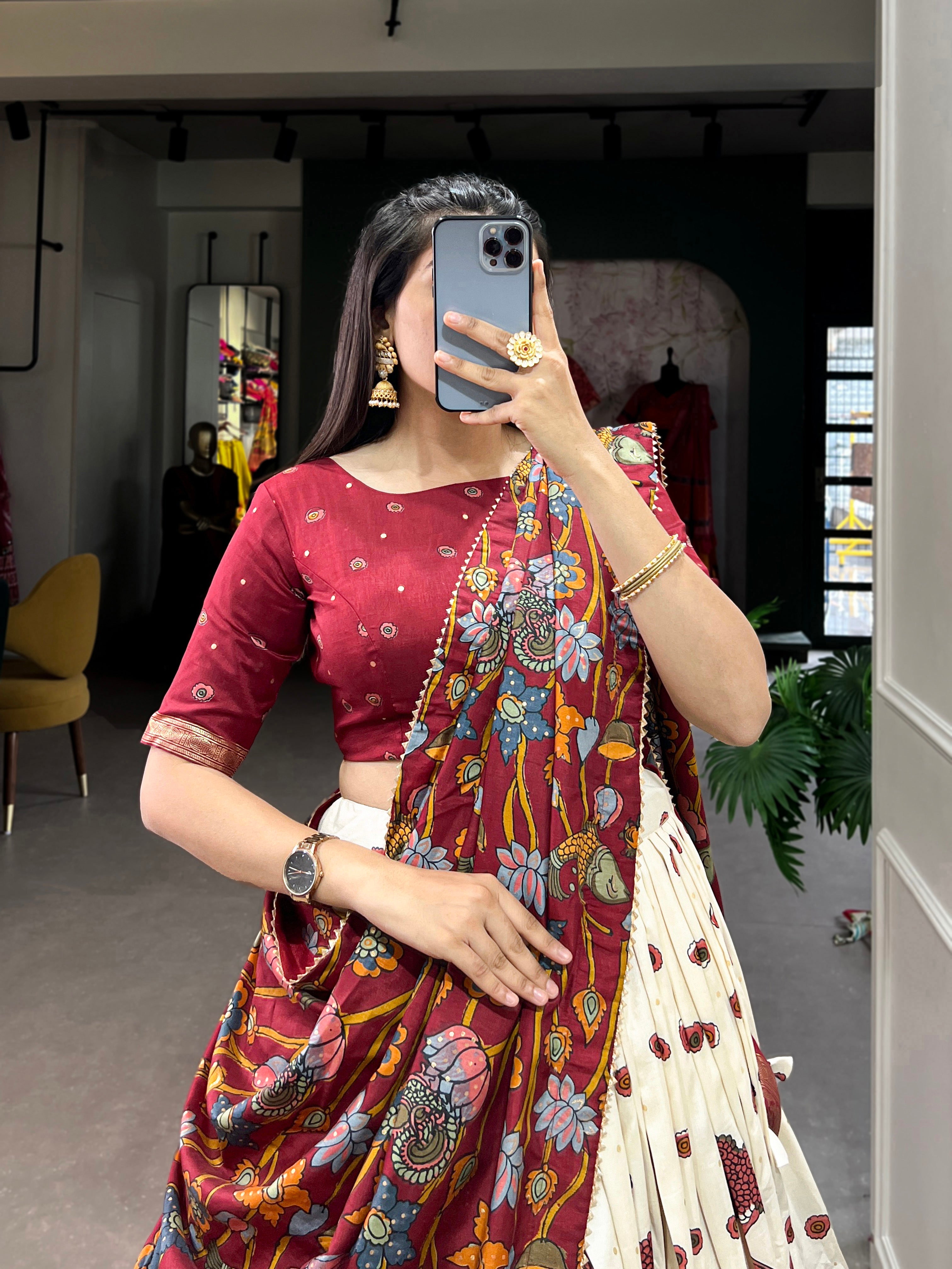 Lorenvalley Off White Tussar Silk Kalamkari Print with Foil Work Border Lehenga Choli with Dupatta