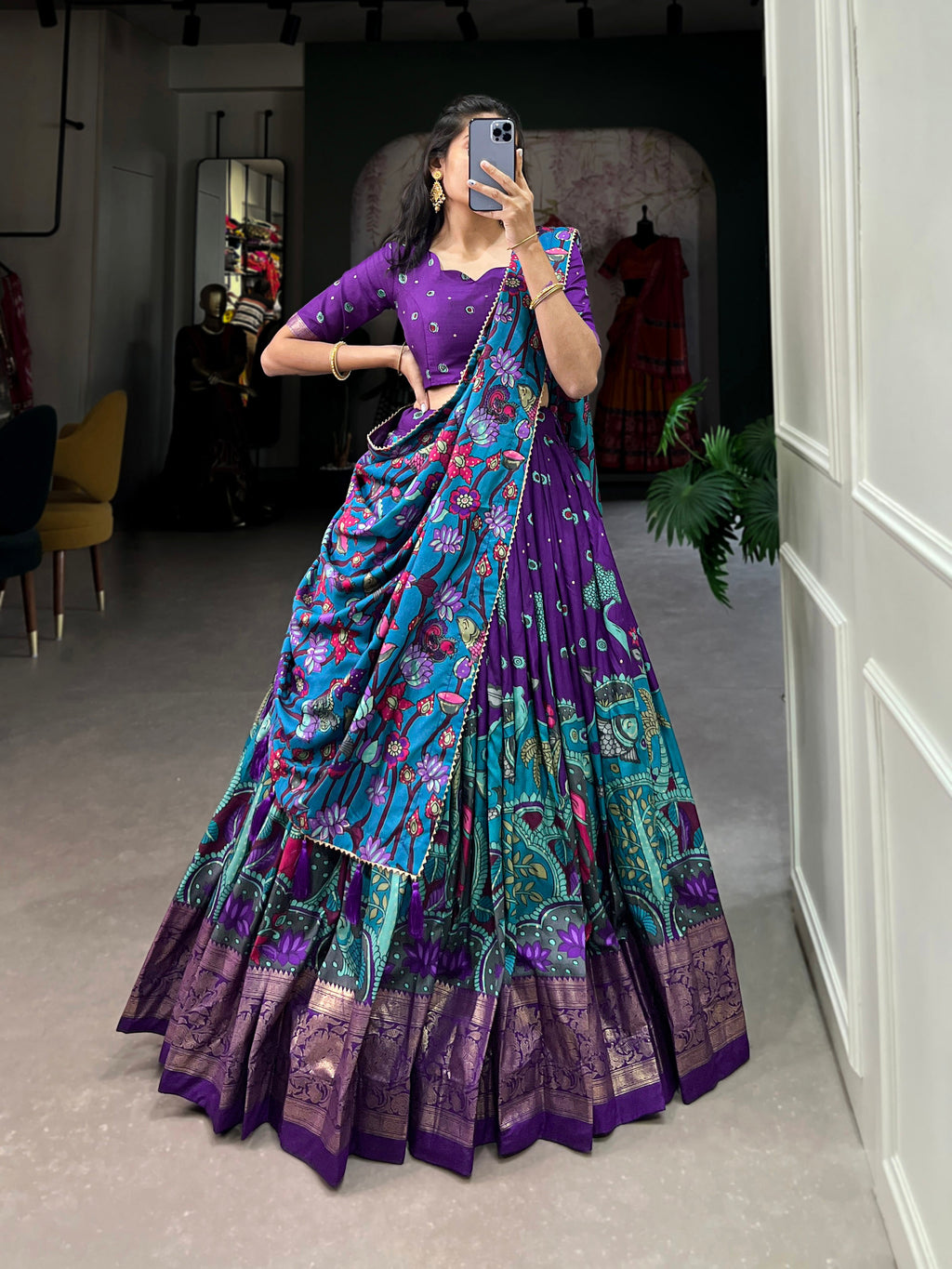 Lorenvalley Purple Tussar Silk Kalamkari Print with Foil Work Border Lehenga Choli with Dupatta