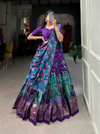Lorenvalley Purple Tussar Silk Kalamkari Print with Foil Work Border Lehenga Choli with Dupatta
