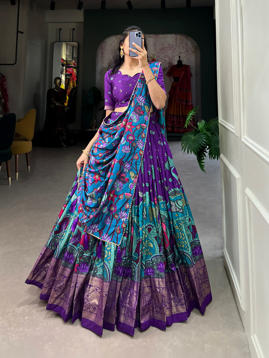 Lorenvalley Purple Tussar Silk Kalamkari Print with Foil Work Border Lehenga Choli with Dupatta