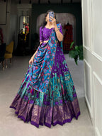 Lorenvalley Purple Tussar Silk Kalamkari Print with Foil Work Border Lehenga Choli with Dupatta