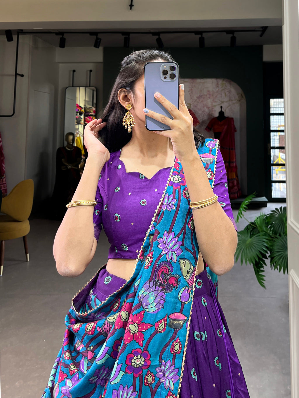 Lorenvalley Purple Tussar Silk Kalamkari Print with Foil Work Border Lehenga Choli with Dupatta