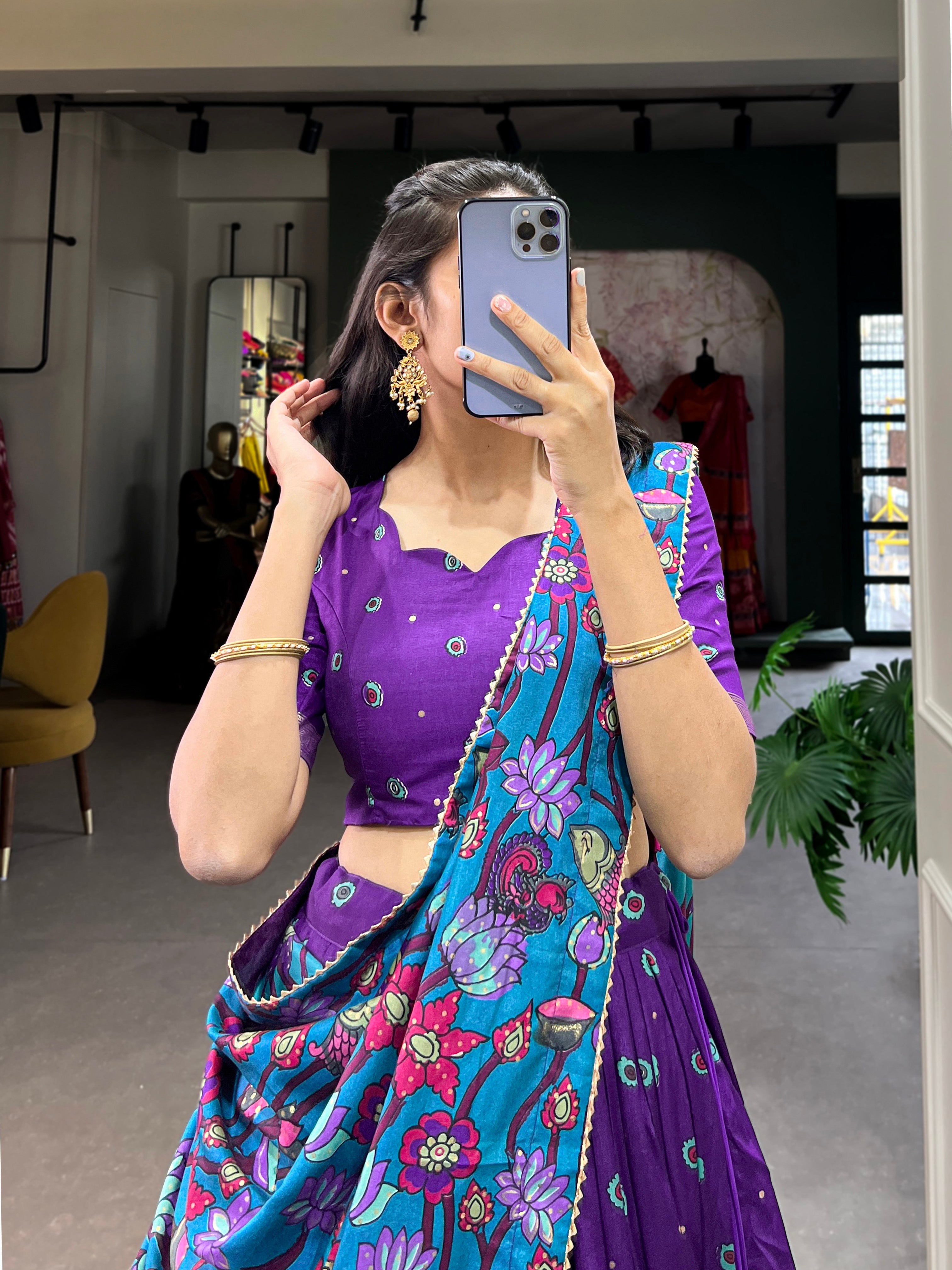 Lorenvalley Purple Tussar Silk Kalamkari Print with Foil Work Border Lehenga Choli with Dupatta