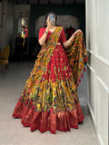 Lorenvalley Red Tussar Silk Kalamkari Print with Foil Work Border Lehenga Choli with Dupatta