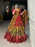 Lorenvalley Red Tussar Silk Kalamkari Print with Foil Work Border Lehenga Choli with Dupatta