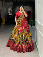 Lorenvalley Red Tussar Silk Kalamkari Print with Foil Work Border Lehenga Choli with Dupatta