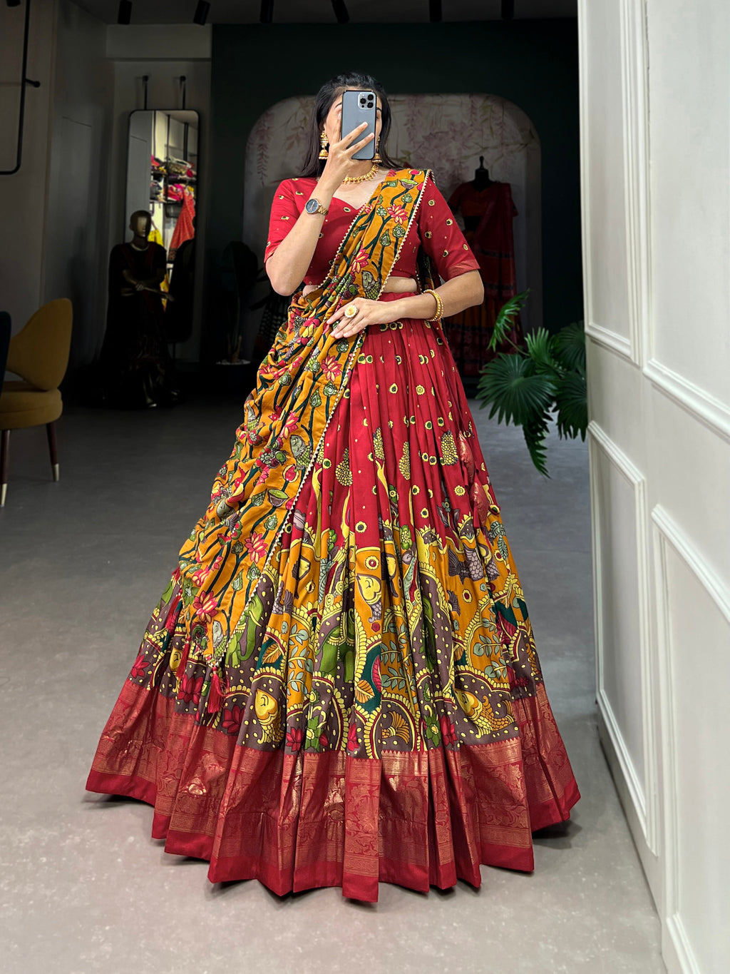 Lorenvalley Red Tussar Silk Kalamkari Print with Foil Work Border Lehenga Choli with Dupatta