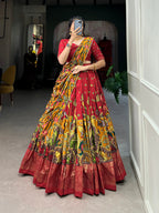 Lorenvalley Red Tussar Silk Kalamkari Print with Foil Work Border Lehenga Choli with Dupatta