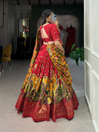 Lorenvalley Red Tussar Silk Kalamkari Print with Foil Work Border Lehenga Choli with Dupatta