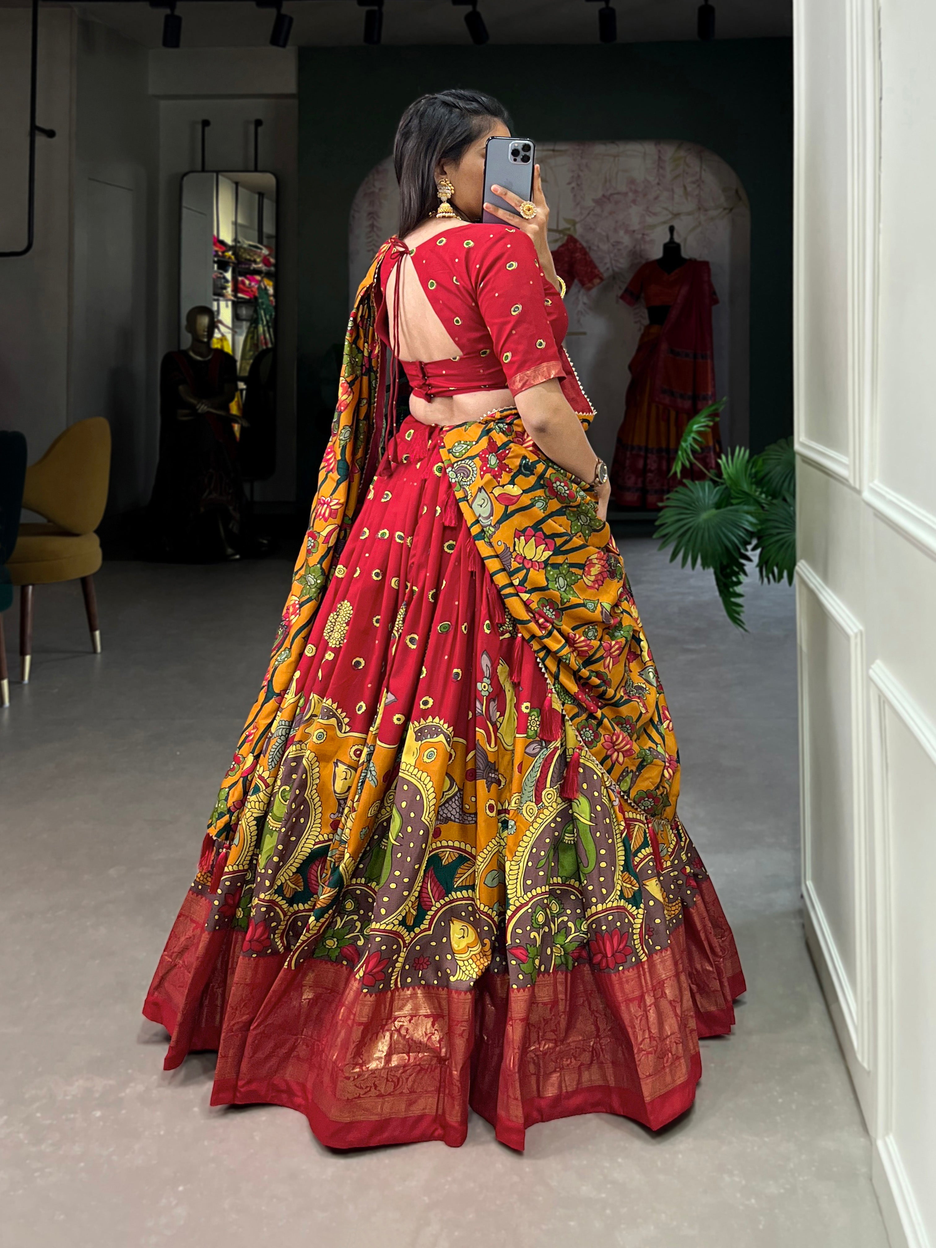 Lorenvalley Red Tussar Silk Kalamkari Print with Foil Work Border Lehenga Choli with Dupatta