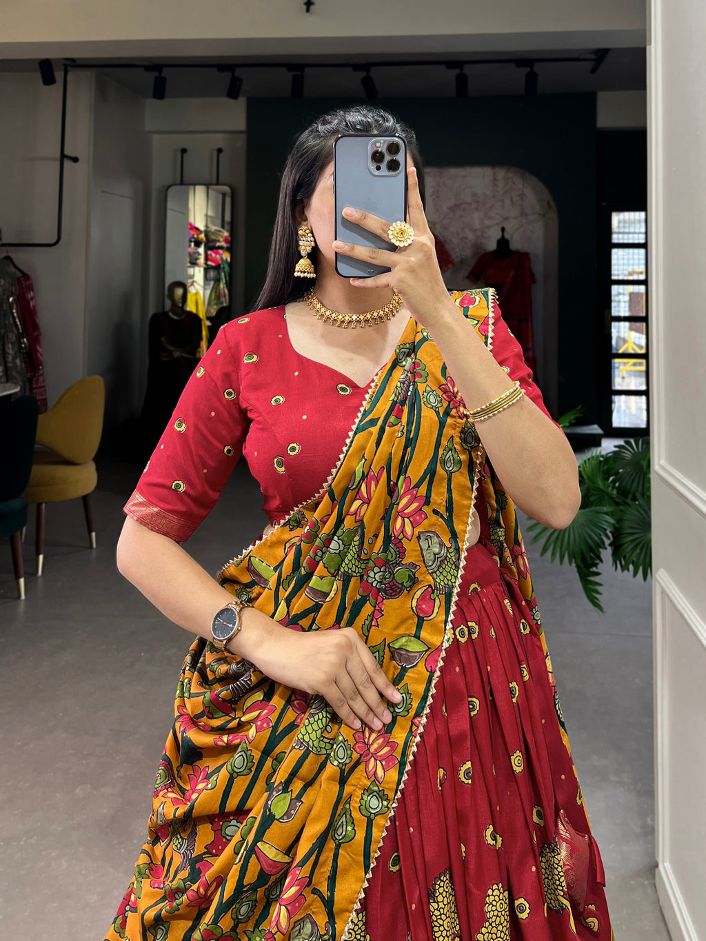 Lorenvalley Red Tussar Silk Kalamkari Print with Foil Work Border Lehenga Choli with Dupatta