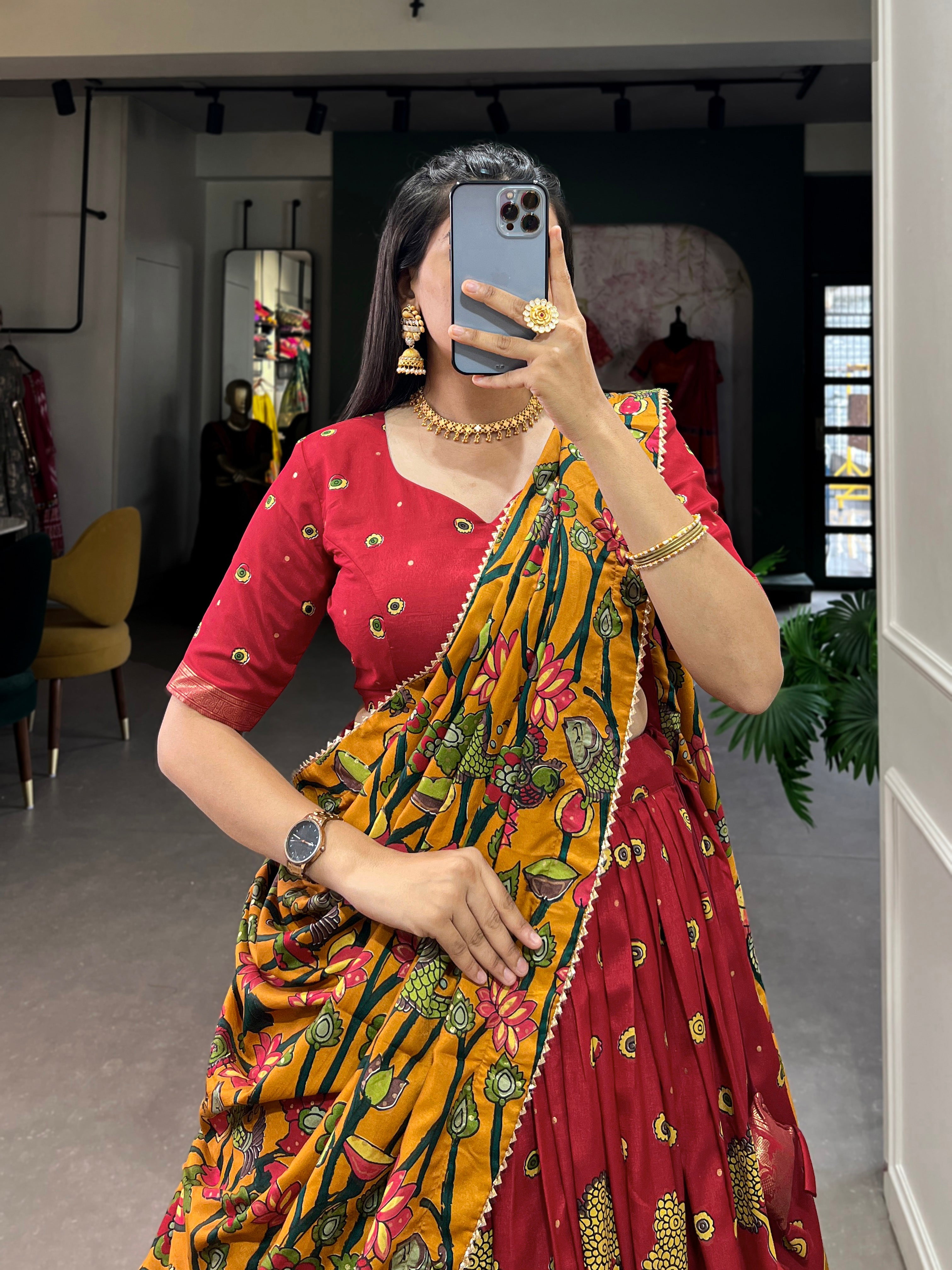 Lorenvalley Red Tussar Silk Kalamkari Print with Foil Work Border Lehenga Choli with Dupatta